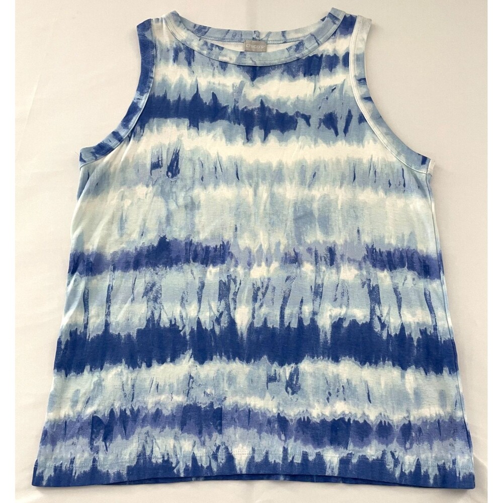 Chico’s Women’s Size 3 XL Blue White Tie Dye Sleeveless Pima Cotton Tank Top
